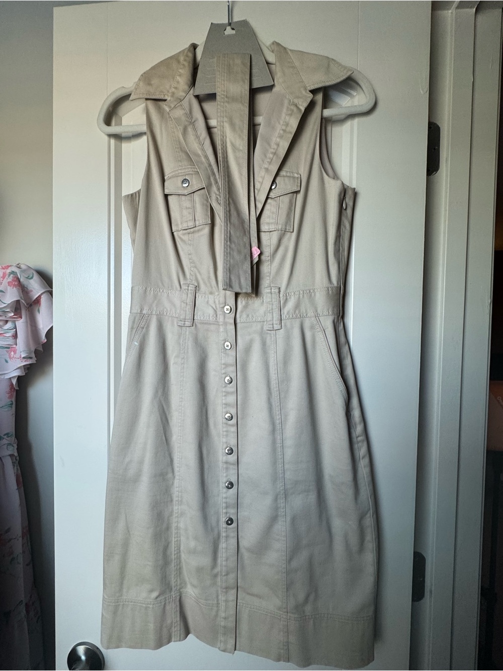White House Black Market Sleeveless Button-Front Dress in Beige